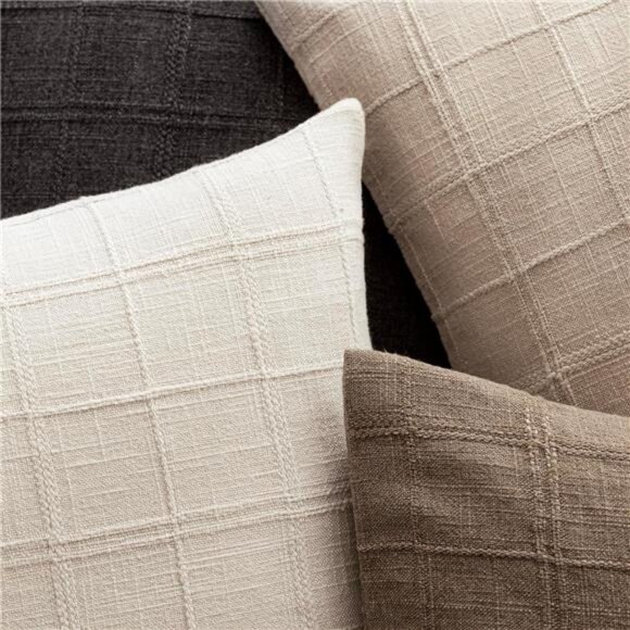 Set of 2 Decorative Linen Check Throw Pillow Covers Neutral - Picture 4 of 8